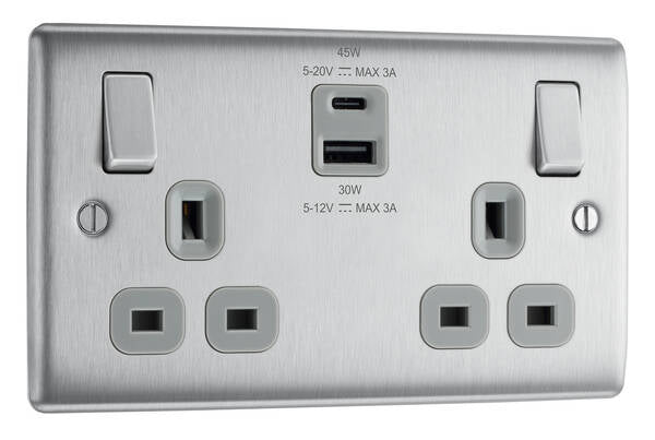 SUPPLY AND REPLACE BRUSHED CHROME 2GANG DOUBLE SOCKET USB & C TYPE