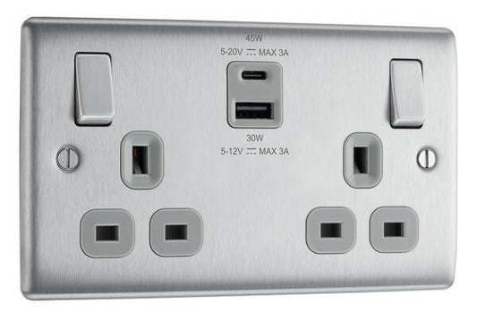 SUPPLY AND REPLACE BRUSHED CHROME 2GANG DOUBLE SOCKET USB & C TYPE